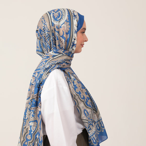 Pamuk İpek Şal - Barok Desen - Saks Mavisi
