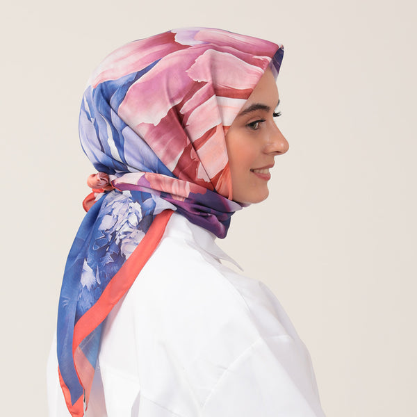 Pamuk İpek Eşarp - Lotus Desen - Saks Kırmızı