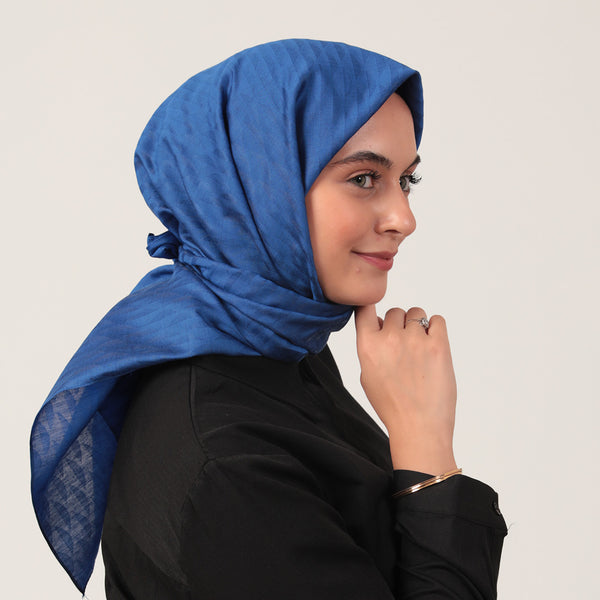 Yün İpek Eşarp - Dağ Desen - Saks Mavisi