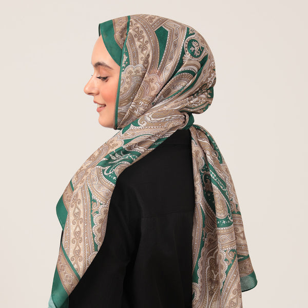 Pamuk İpek Şal - Hint Desen - Çam Gold