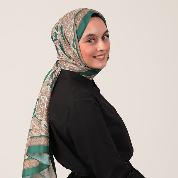 Pamuk İpek Şal - Hint Desen - Çam Gold