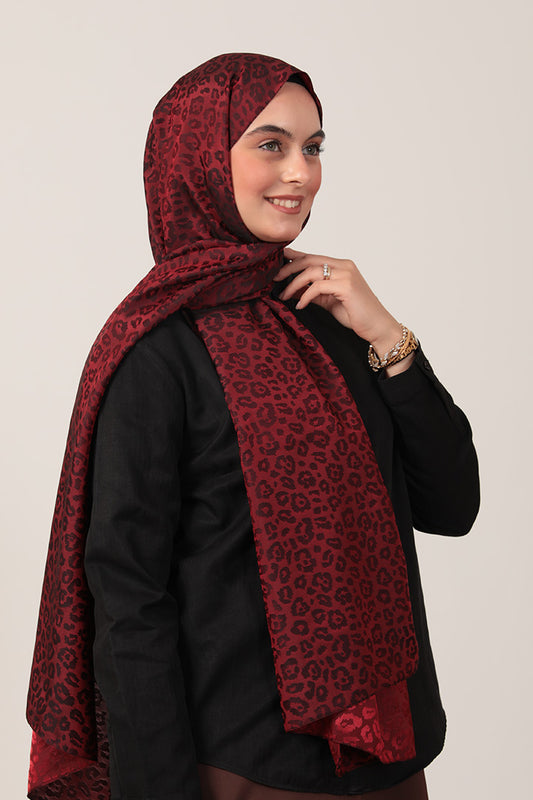 İpeksi Çift Taraflı Jakar Şal - Leopar - Bordo