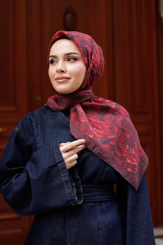 Tensel Eşarp - Yaprak Desen - Bordo