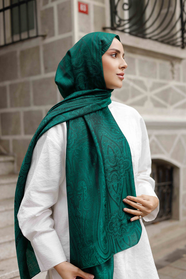 İpeksi Çift Taraflı Jakar Şal - Hint - Zümrüt Yeşili