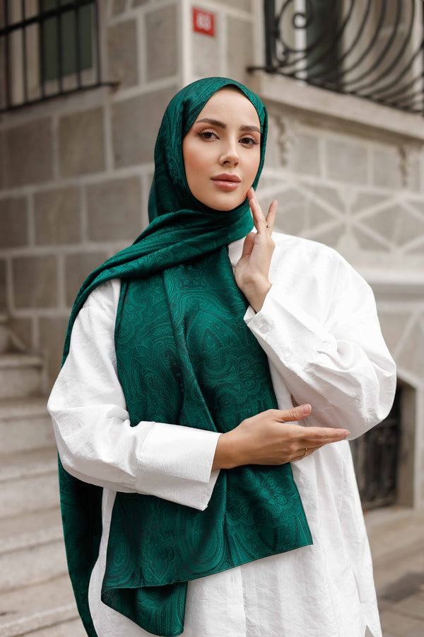 İpeksi Çift Taraflı Jakar Şal - Hint - Zümrüt Yeşili
