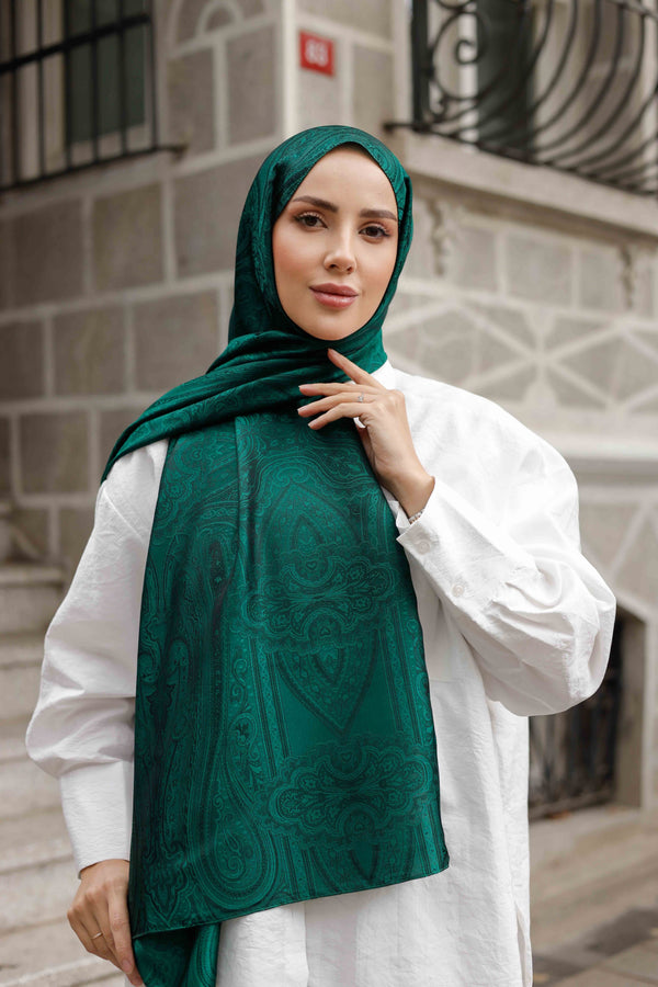 İpeksi Çift Taraflı Jakar Şal - Hint - Zümrüt Yeşili