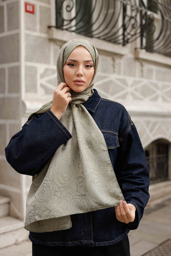 İpeksi Çift Taraflı Jakar Şal - Rose Desen - Çağla Yeşili