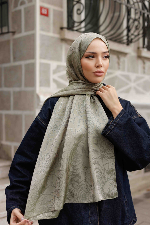 İpeksi Çift Taraflı Jakar Şal - Rose Desen - Çağla Yeşili