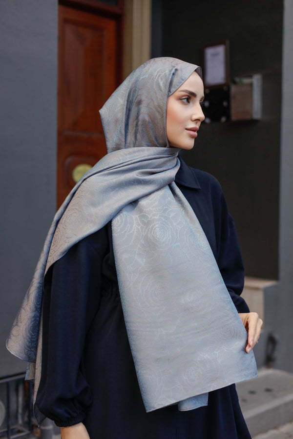 İpeksi Çift Taraflı Jakar Şal - Rose Desen - Duman Gri