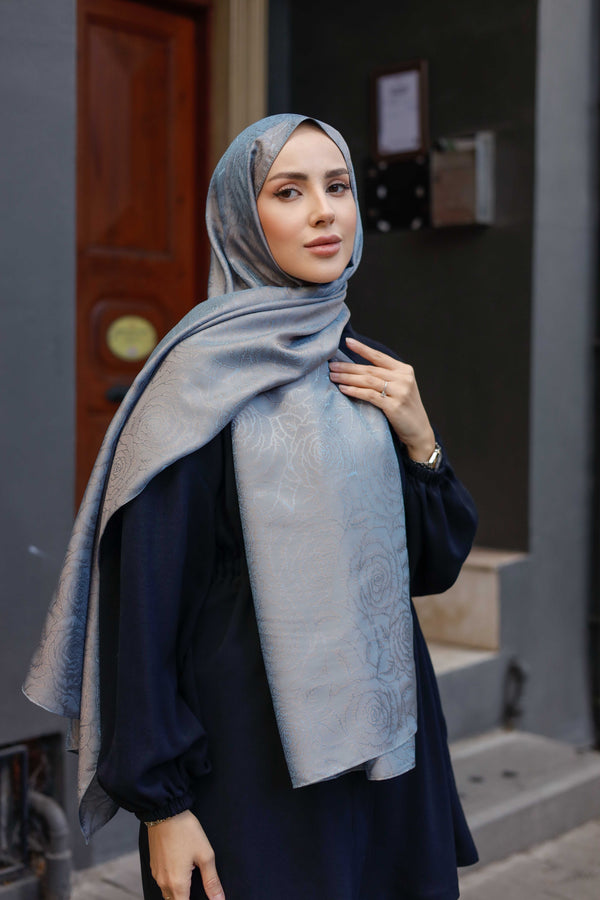 İpeksi Çift Taraflı Jakar Şal - Rose Desen - Duman Gri