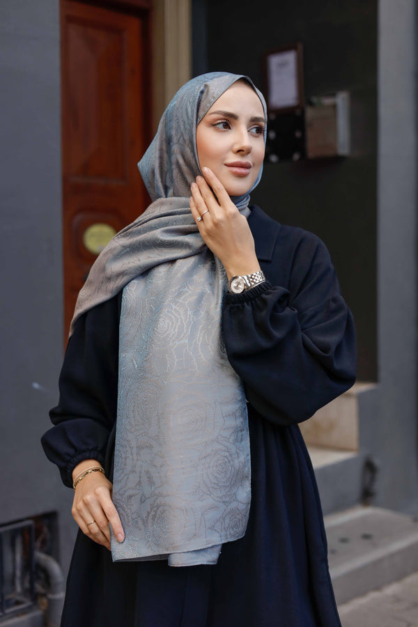 İpeksi Çift Taraflı Jakar Şal - Rose Desen - Duman Gri