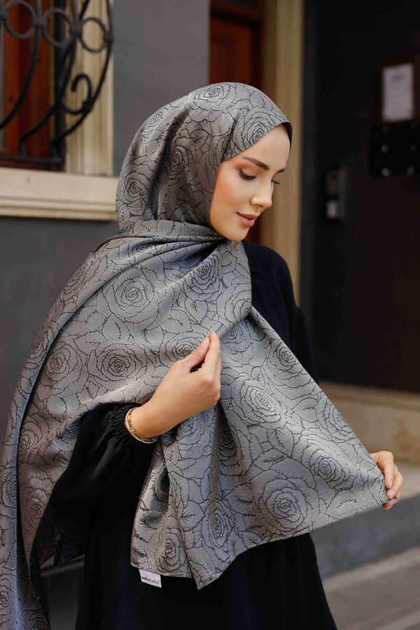 İpeksi Çift Taraflı Jakar Şal - Rose Desen - Füme
