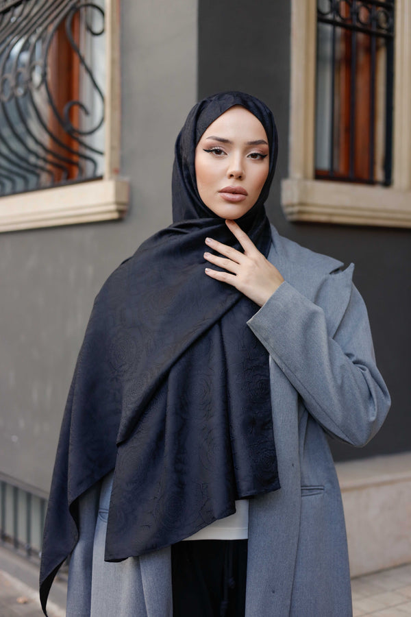İpeksi Çift Taraflı Jakar Şal - Rose Desen - Siyah