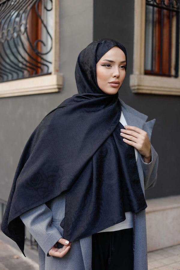 İpeksi Çift Taraflı Jakar Şal - Rose Desen - Siyah