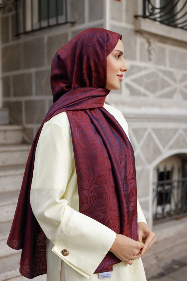 İpeksi Çift Taraflı Jakar Şal - Rose Desen - Vişne