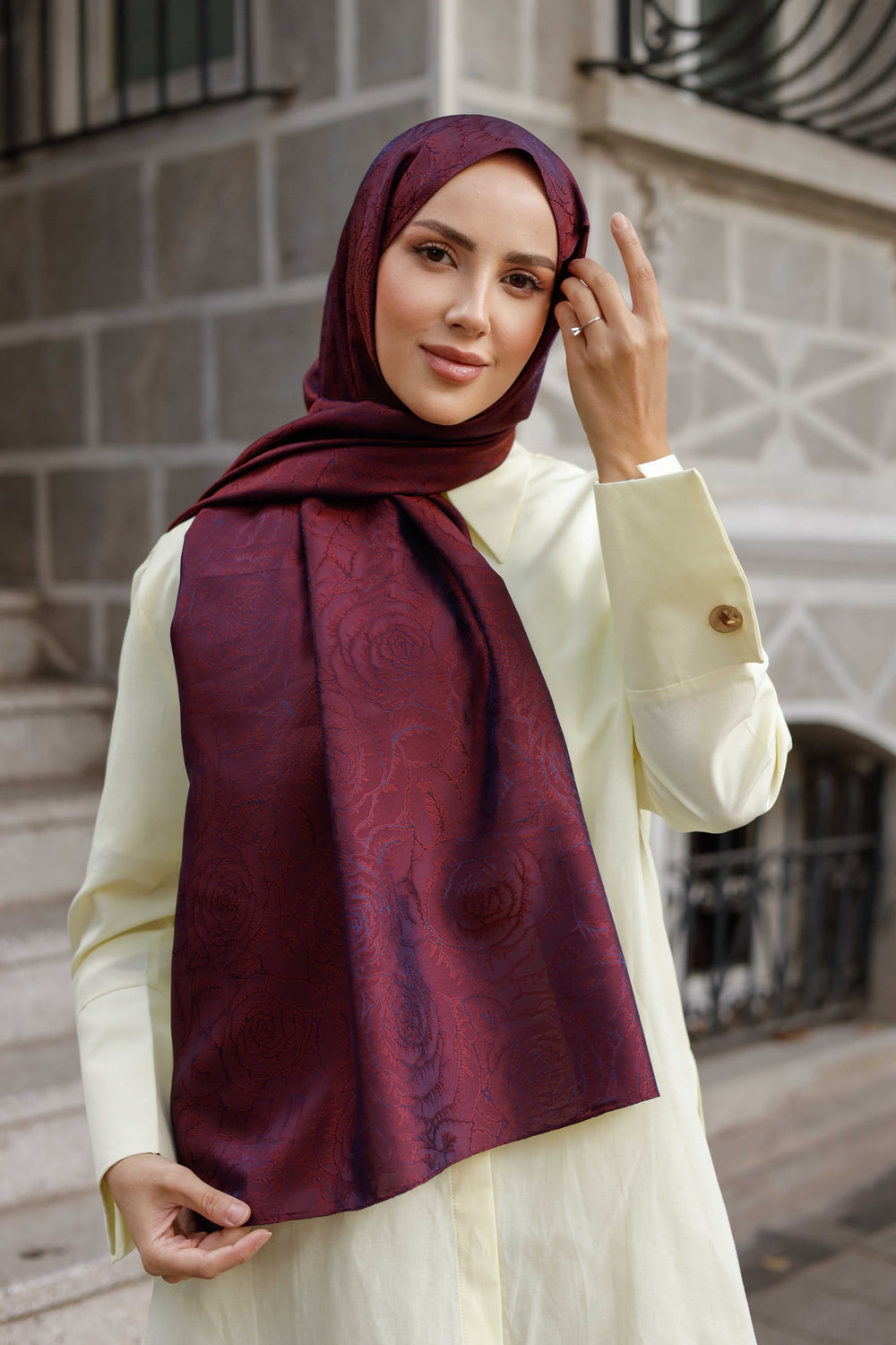 İpeksi Çift Taraflı Jakar Şal - Rose Desen - Vişne