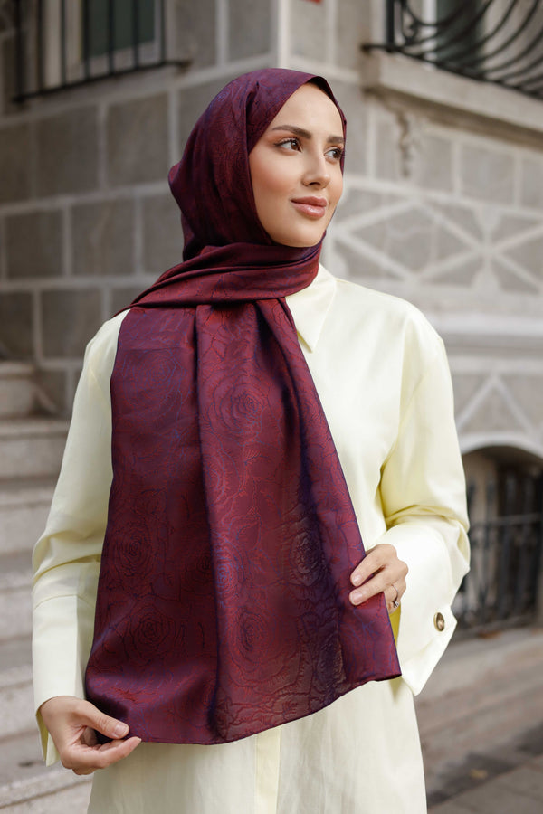 İpeksi Çift Taraflı Jakar Şal - Rose Desen - Vişne