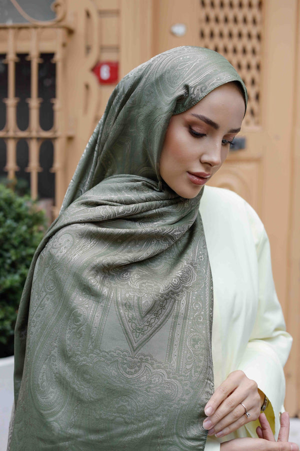 İpeksi Çift Taraflı Jakar Şal - Hint - Çağla Yeşili