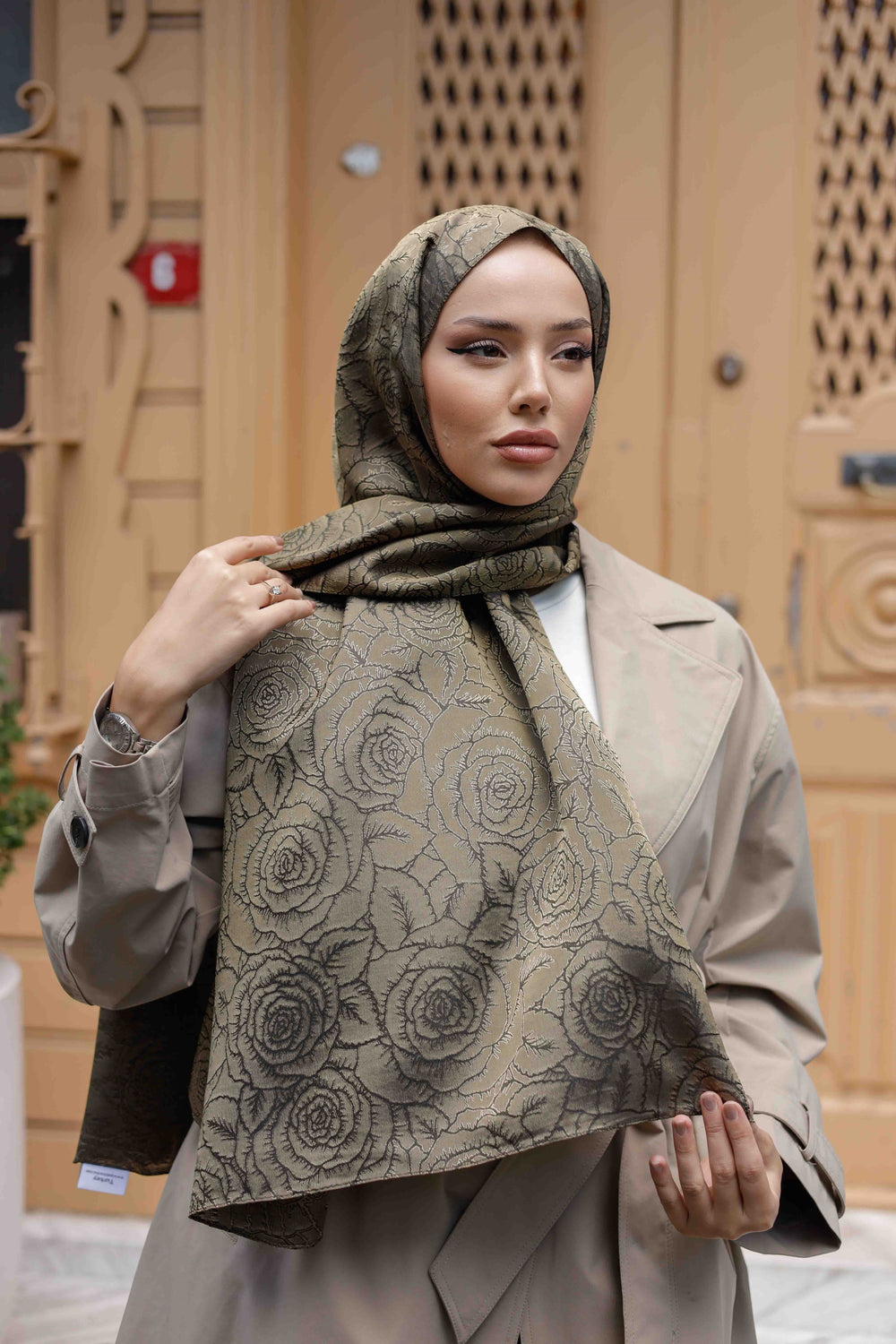 İpeksi Çift Taraflı Jakar Şal - Rose Desen - Yağ Yeşili