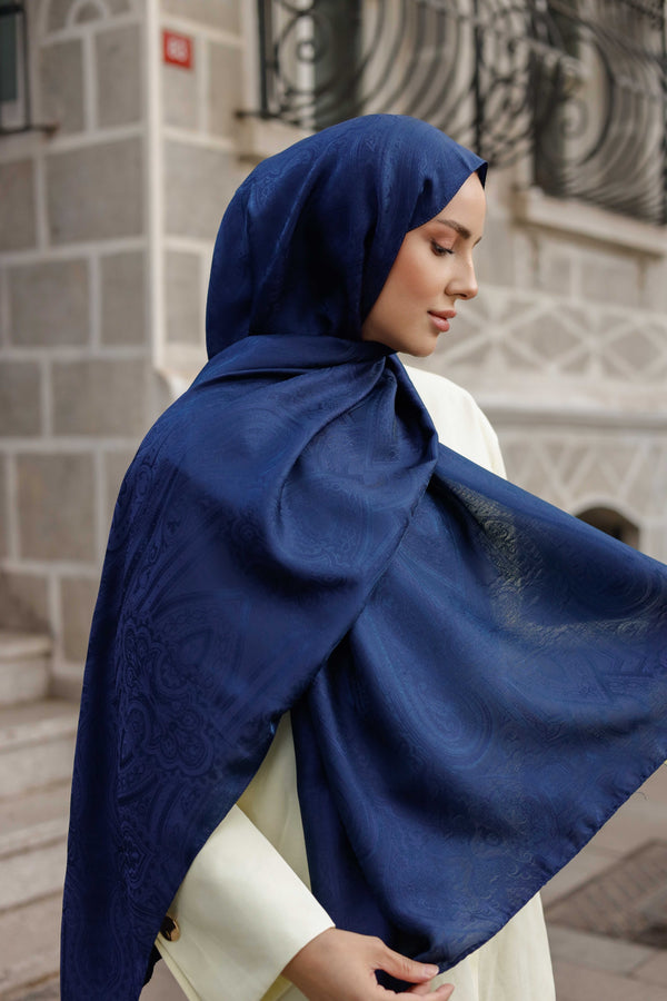 İpeksi Çift Taraflı Jakar Şal - Hint - Lacivert