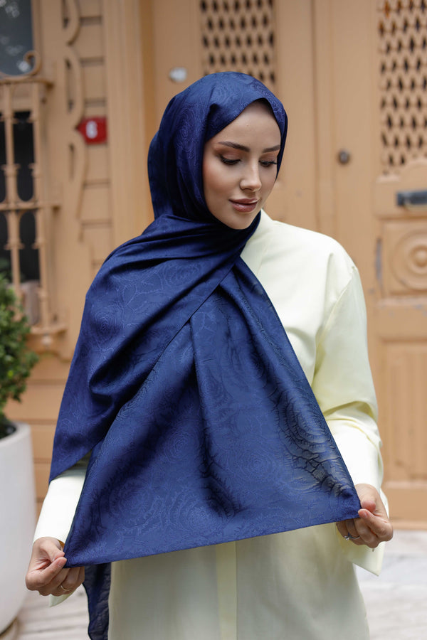 İpeksi Çift Taraflı Jakar Şal - Rose Desen - Lacivert