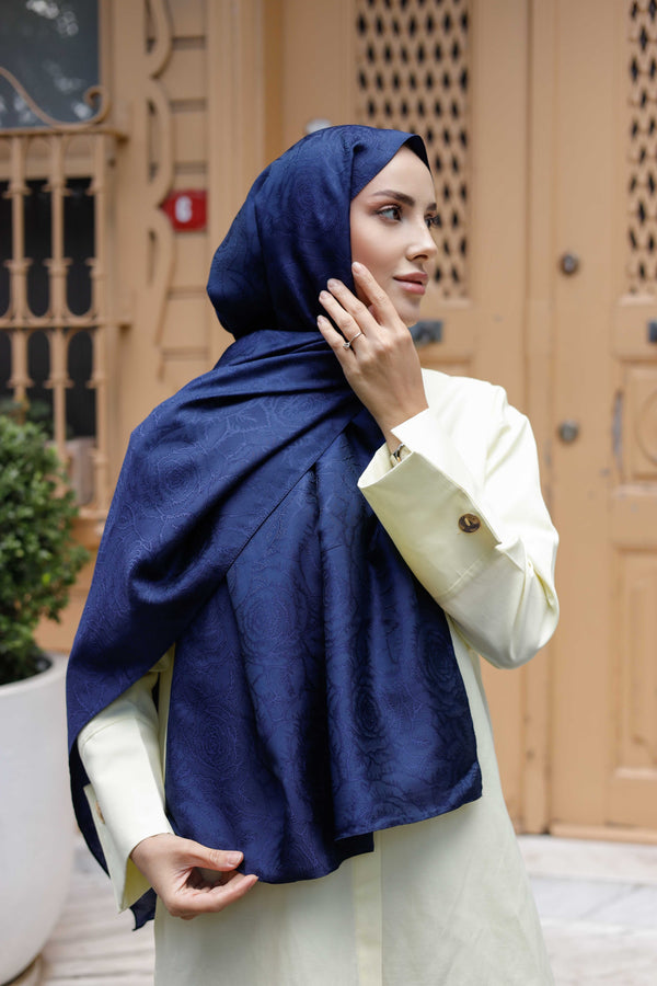 İpeksi Çift Taraflı Jakar Şal - Rose Desen - Lacivert