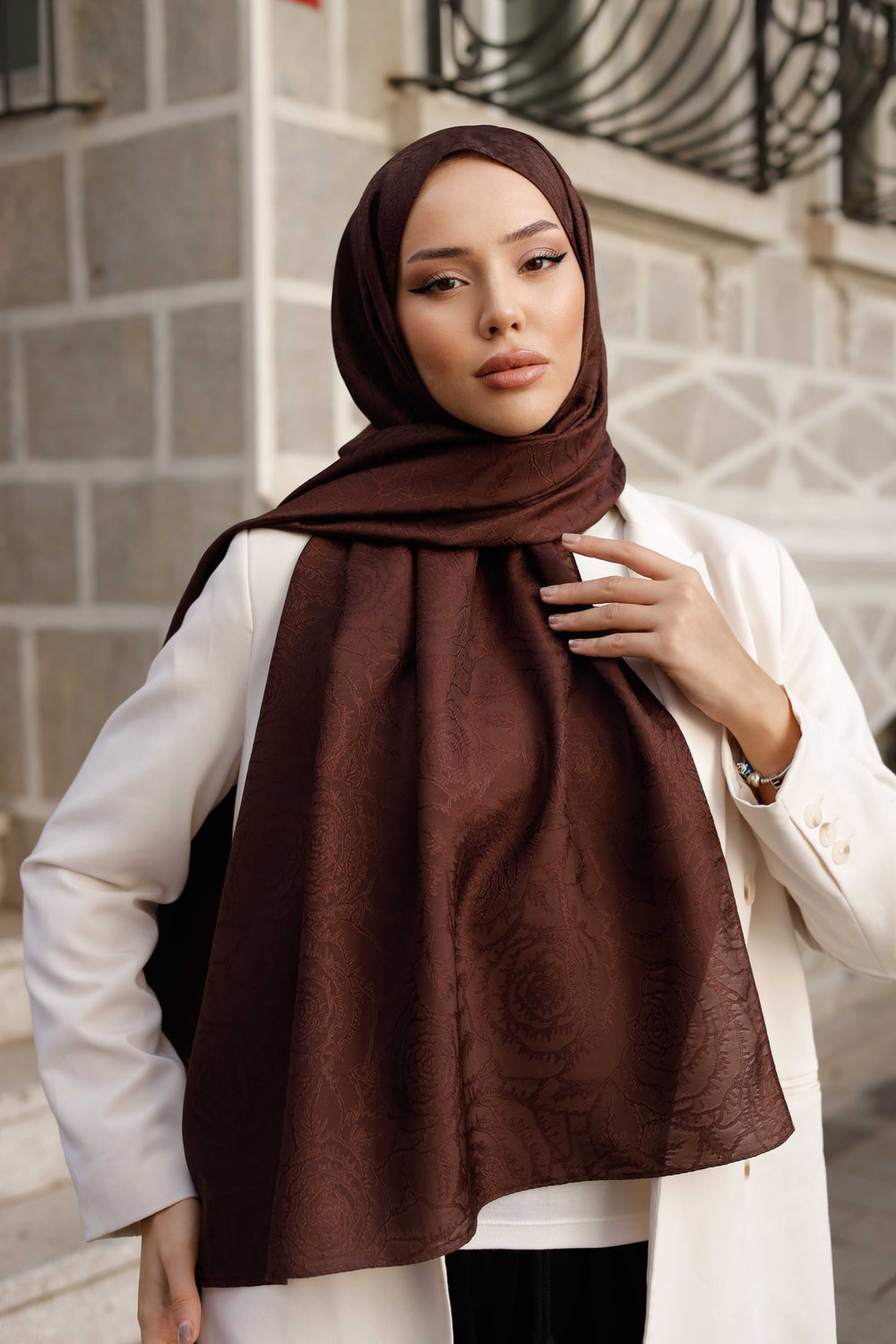 İpeksi Çift Taraflı Jakar Şal - Rose Desen - Kahverengi