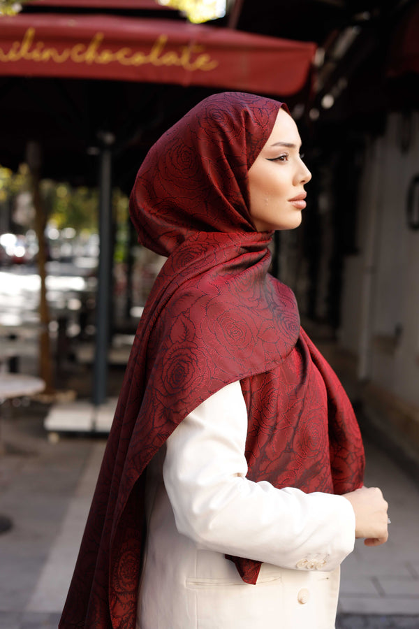 İpeksi Çift Taraflı Jakar Şal - Rose Desen - Bordo