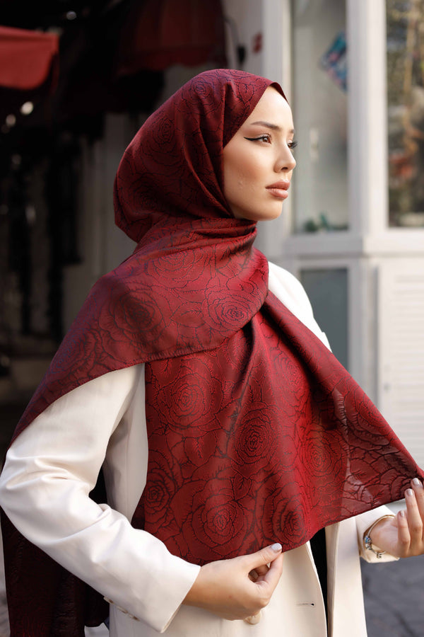 İpeksi Çift Taraflı Jakar Şal - Rose Desen - Bordo