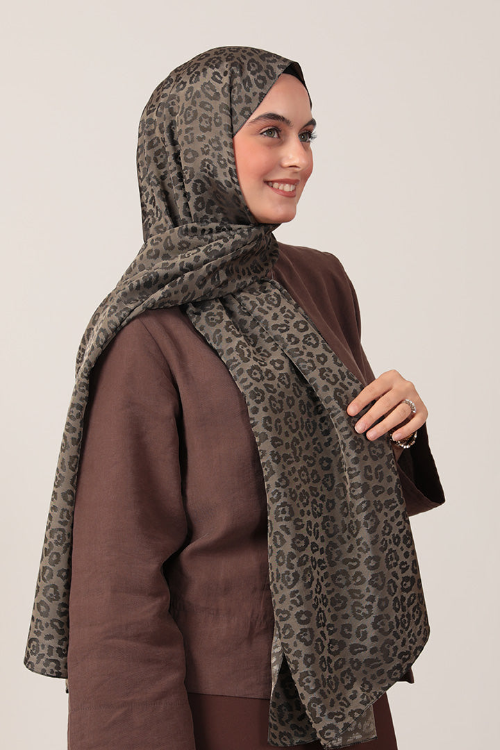 İpeksi Çift Taraflı Jakar Şal - Leopar - Haki Yeşili
