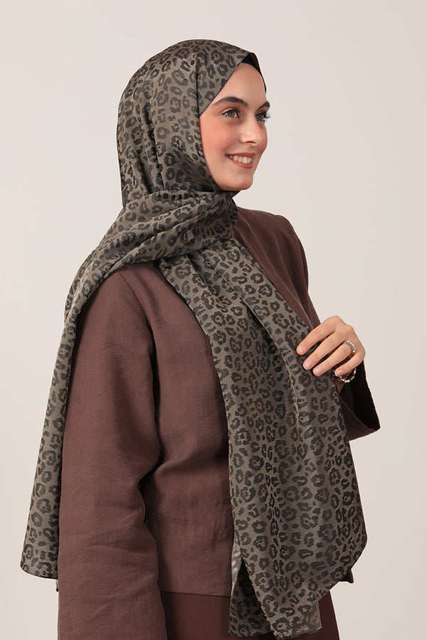 İpeksi Çift Taraflı Jakar Şal - Leopar - Haki Yeşili