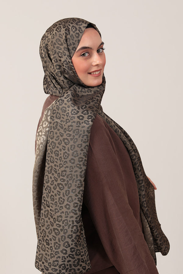 İpeksi Çift Taraflı Jakar Şal - Leopar - Haki Yeşili