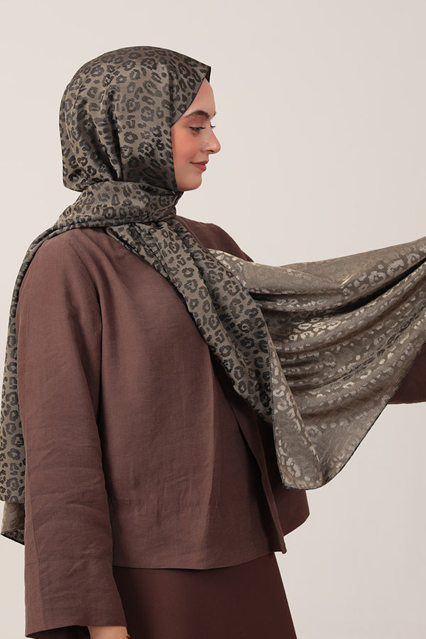 İpeksi Çift Taraflı Jakar Şal - Leopar - Haki Yeşili