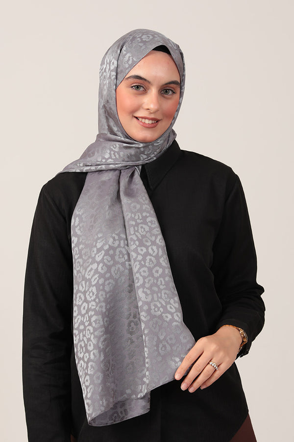 İpeksi Çift Taraflı Jakar Şal - Leopar - Antrasit Mavi