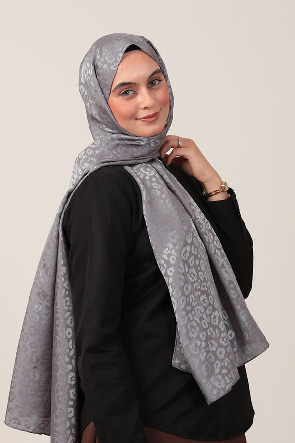 İpeksi Çift Taraflı Jakar Şal - Leopar - Antrasit Mavi