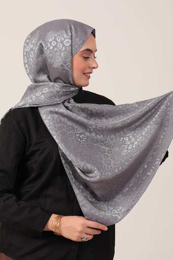 İpeksi Çift Taraflı Jakar Şal - Leopar - Antrasit Mavi