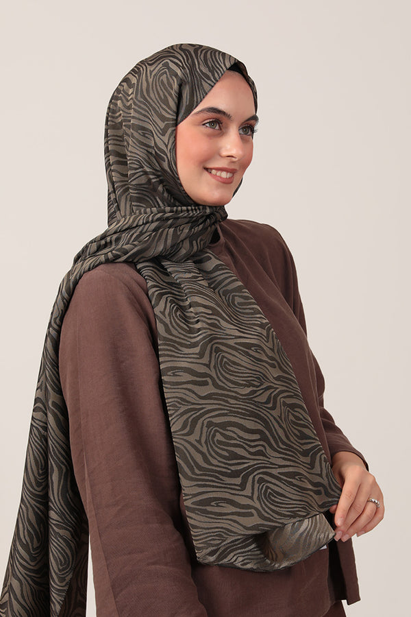 İpeksi Çift Taraflı Jakar Şal - Zebra  - Haki Yeşili