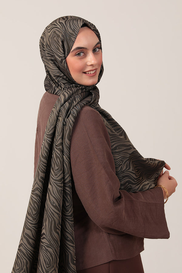 İpeksi Çift Taraflı Jakar Şal - Zebra  - Haki Yeşili