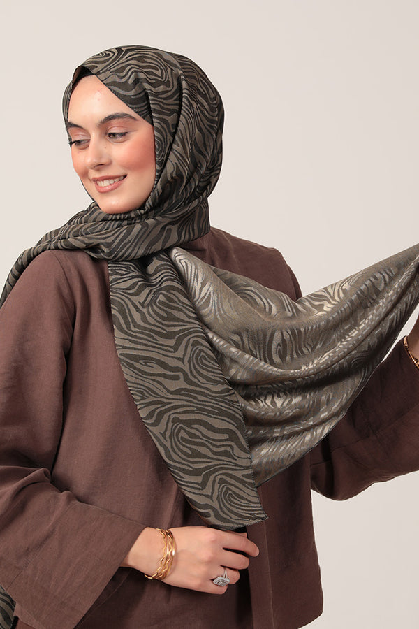 İpeksi Çift Taraflı Jakar Şal - Zebra  - Haki Yeşili