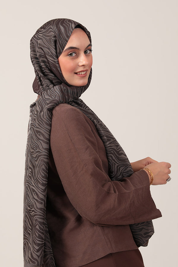 İpeksi Çift Taraflı Jakar Şal - Zebra  - Koyu Füme