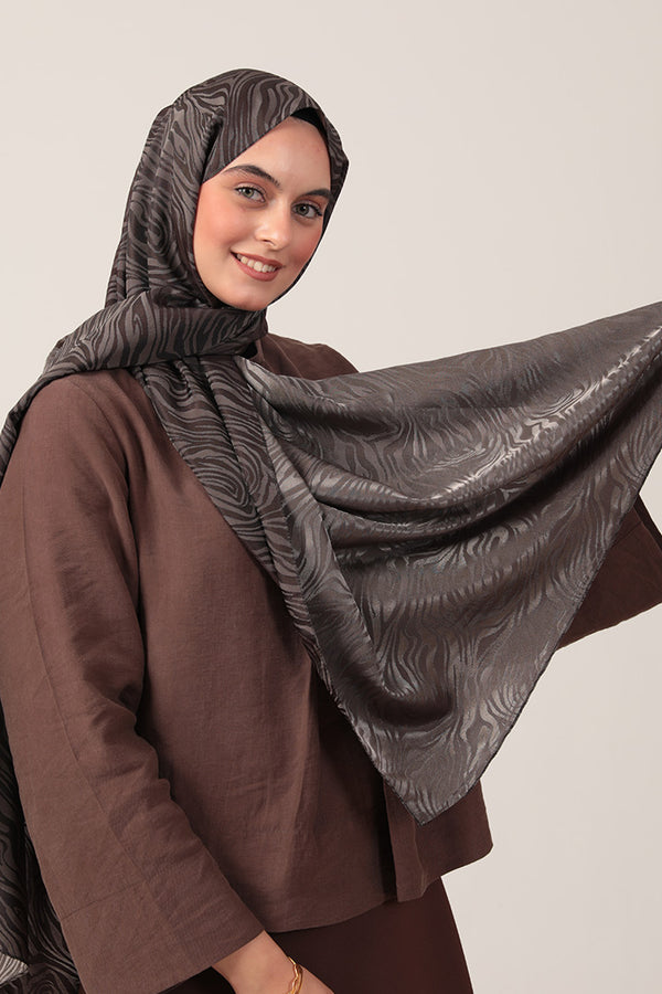 İpeksi Çift Taraflı Jakar Şal - Zebra  - Koyu Füme