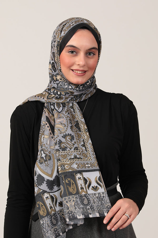 Pamuk İpek Şal - Damla Desen - Gri Gold