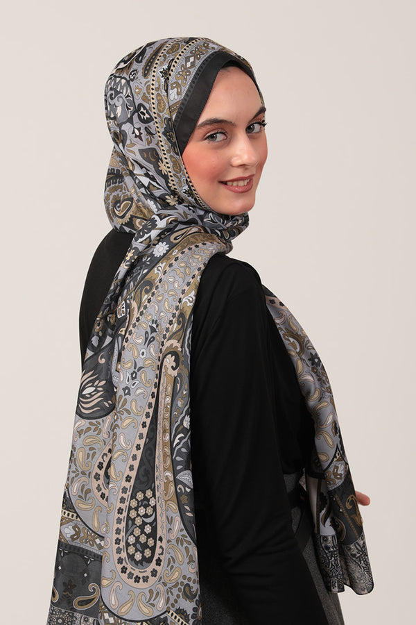 Pamuk İpek Şal - Damla Desen - Gri Gold