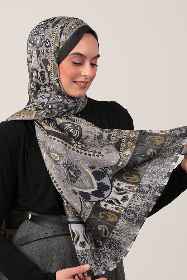Pamuk İpek Şal - Damla Desen - Gri Gold