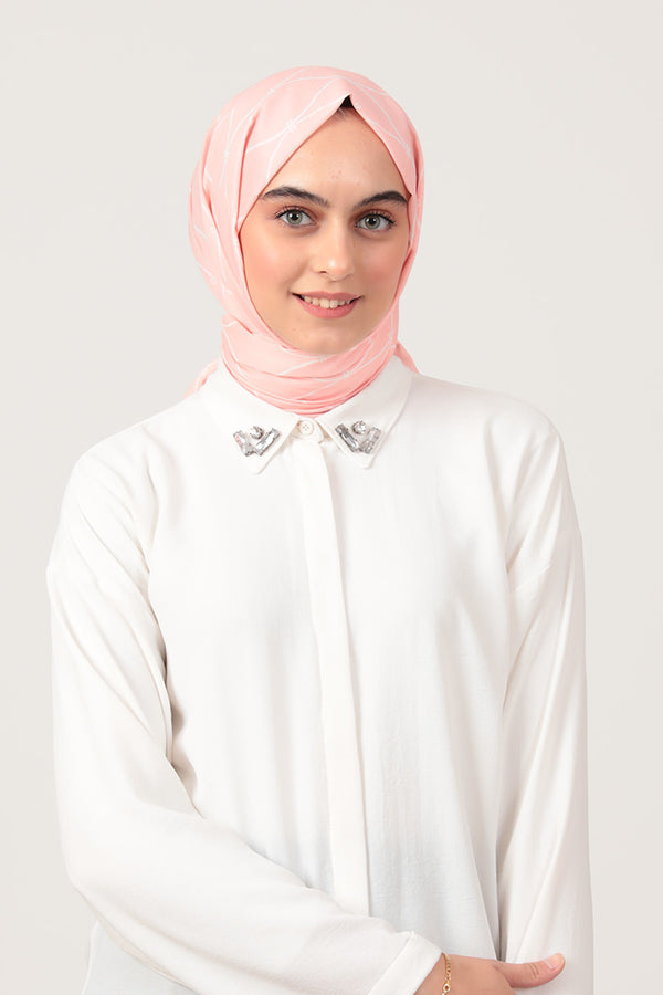 Pamuk İpek Şal - Dalga Desen - Pudra