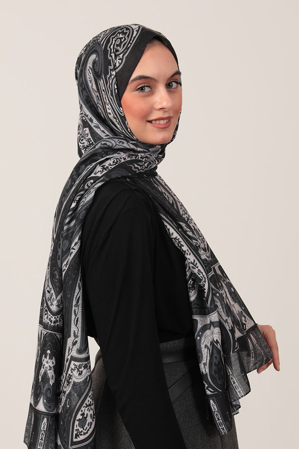 Pamuk İpek Şal - Etnich Desen - Siyah Krem
