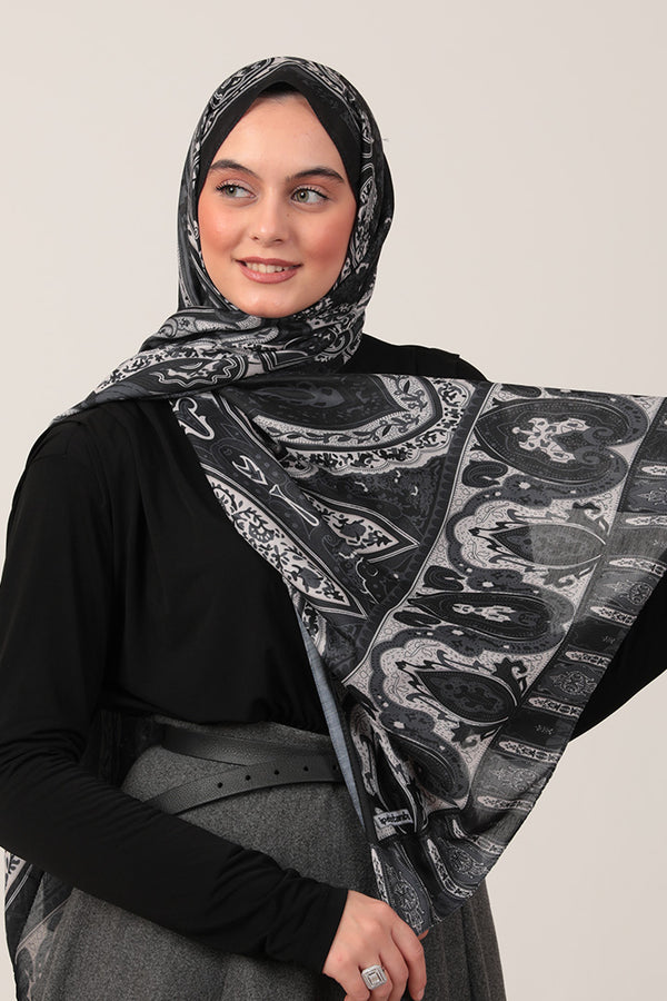 Pamuk İpek Şal - Etnich Desen - Siyah Krem