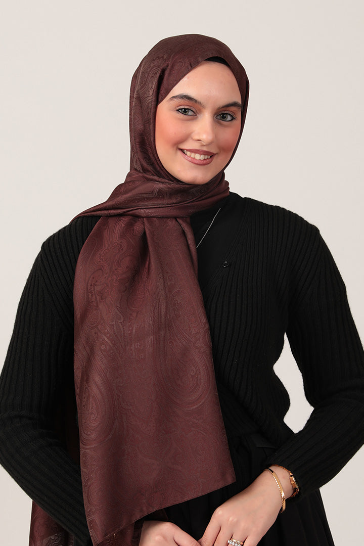 İpeksi Çift Taraflı Jakar Şal - Hint  - Kahverengi