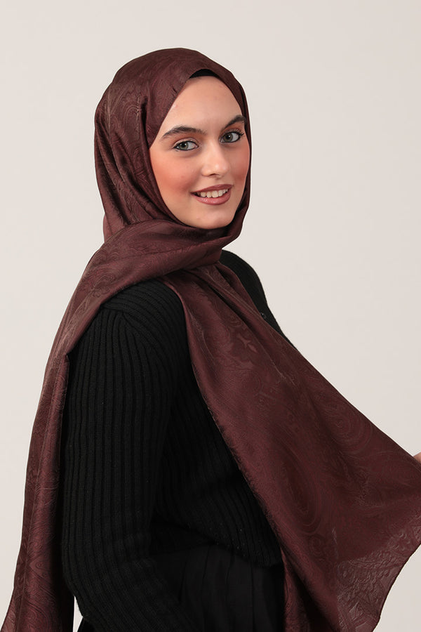 İpeksi Çift Taraflı Jakar Şal - Hint  - Kahverengi