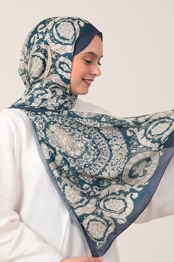 Pamuk İpek Şal - Dönence Desen - Petrol Yeşili